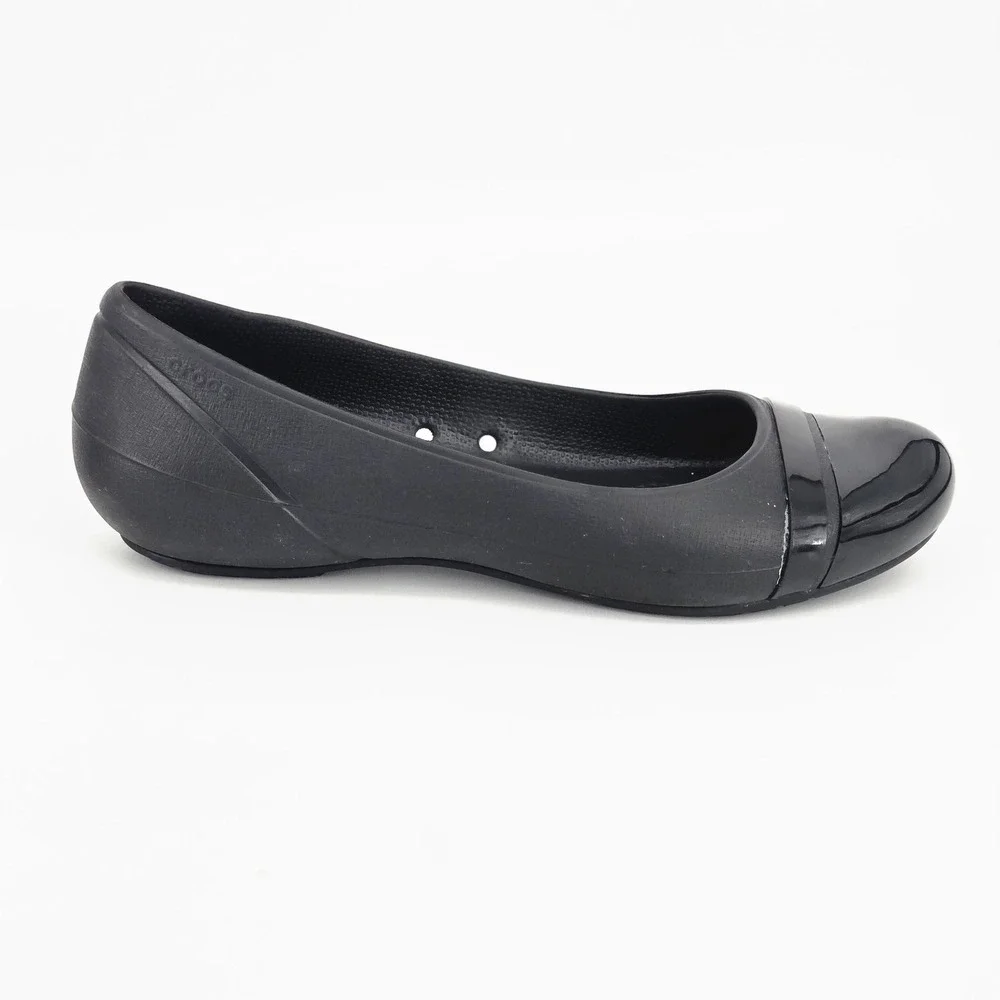 Crocs Cap Toe Flat Black Patent Slip On Ballet Shoes Women Size 9 W9 Work EUC